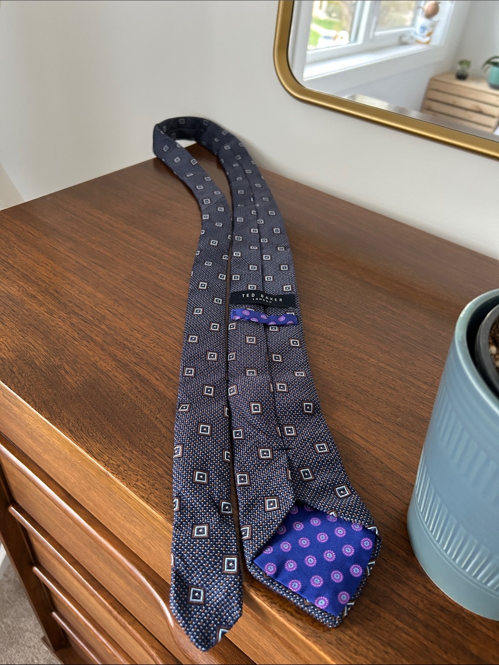 Ted Baker Navy Geometric Silk Tie with Purple Accent